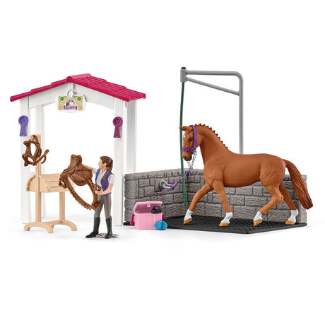 Aire de lavage avec box a cheval, SCHLEICH 72177 HORSE CLUB, avec Figurine Cheval et Cavalier, Des 5 ans