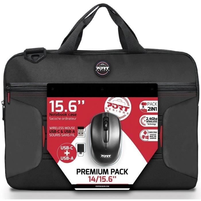 Premium Pack Sacoche PC + Souris sans fil + Dungle USB & Adaptateur Type C - 15,6 - PORT DESIGNS