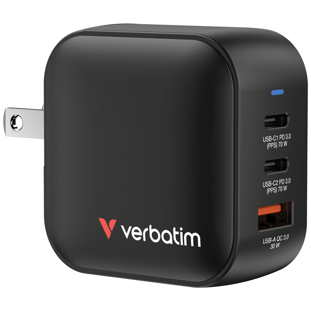 Chargeur secteur Verbatim Mini GaN 1x USB-A + 2x USB-C 70W (Noir)