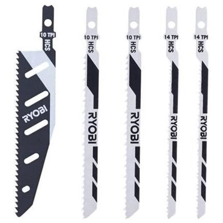 RYOBI - Carte 5 lames scie sauteuse FLUSHCUT bois 10 TPI, chantournage 14 TPI, inversé 10 TPI - RAK05JSBFC