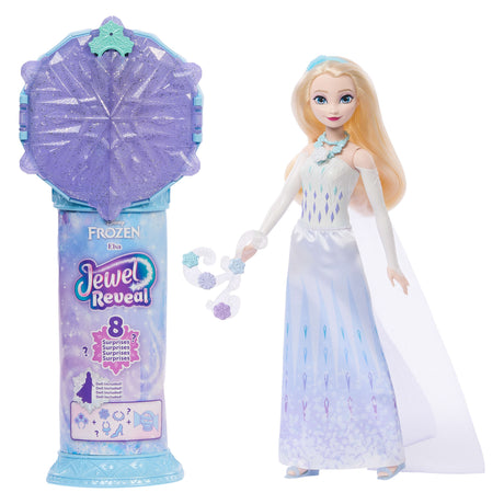 Poupée Jewel Reveal Elsa, La Reine des Neiges, accessoires avec 8 surprises, 1 boîte a bijoux en forme de flocon de neige, 1 bague p