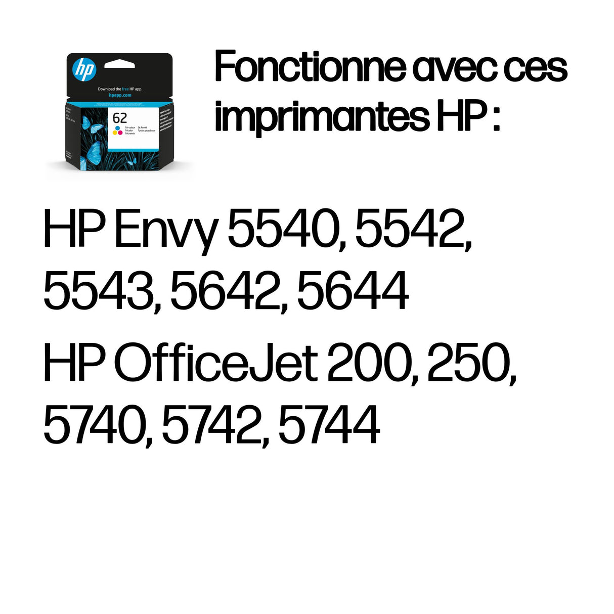 HP 62 Cartouche d'encre trois couleurs authentique (C2P06AE)  pour Officejet Mobile 250, Envy 5540/5640/7640, Officejet 5740 e-AiO