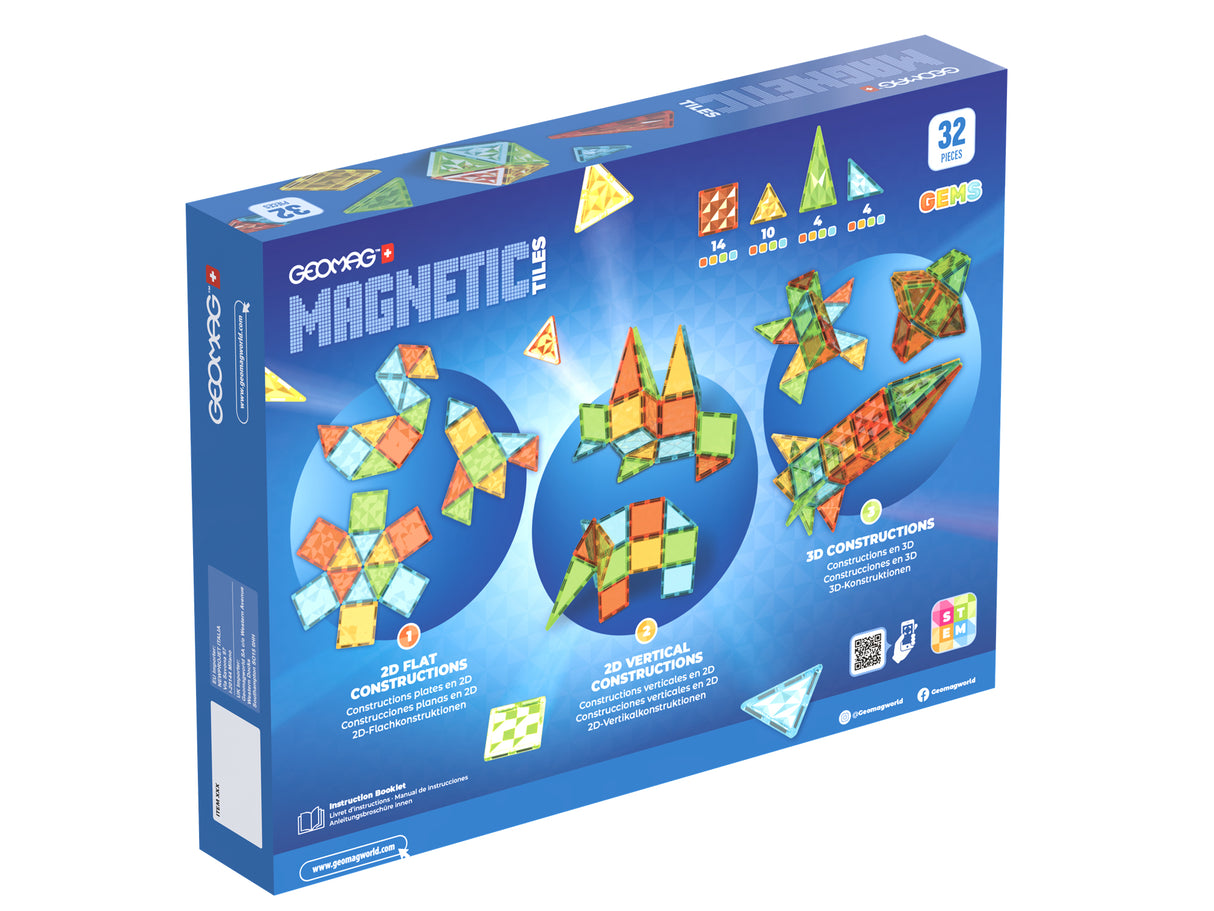 Tuiles magnétiques - GEOMAG - Tiles Gems 4101 - 32 pieces - Formes géométriques - Effet cristal