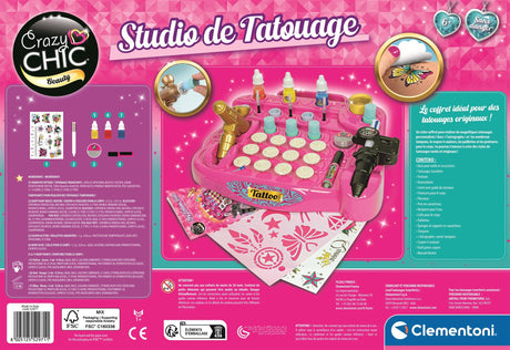 CLEMENTONI - Studio de tatouage temporaires pour enfant - Kit complet  - Pochoirs, peintures corps et transfert - Des 7 ans