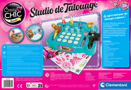 CLEMENTONI - Studio de tatouage temporaires pour enfant - Kit complet  - Pochoirs, peintures corps et transfert - Des 7 ans