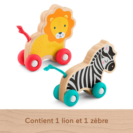 Fisher-Price Animaux a pousser en bois - Véhicule lion et zebre pour jeu a quatre pattes - 2  pieces en bois - des 6 mois - JFN19