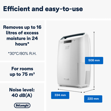 Deshumidificateur DELONGHI - DEXD216RF  - Fonction buanderie - Débit d'air 125 m3/h - Capacité 2,1 L
