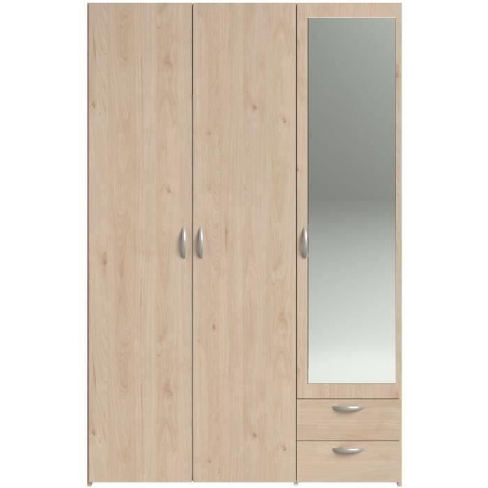 Armoire VARIA - Décor chene - 3 portes - 2 tiroirs - Porte droite avec miroir - 120,3 x 185 x 51,7