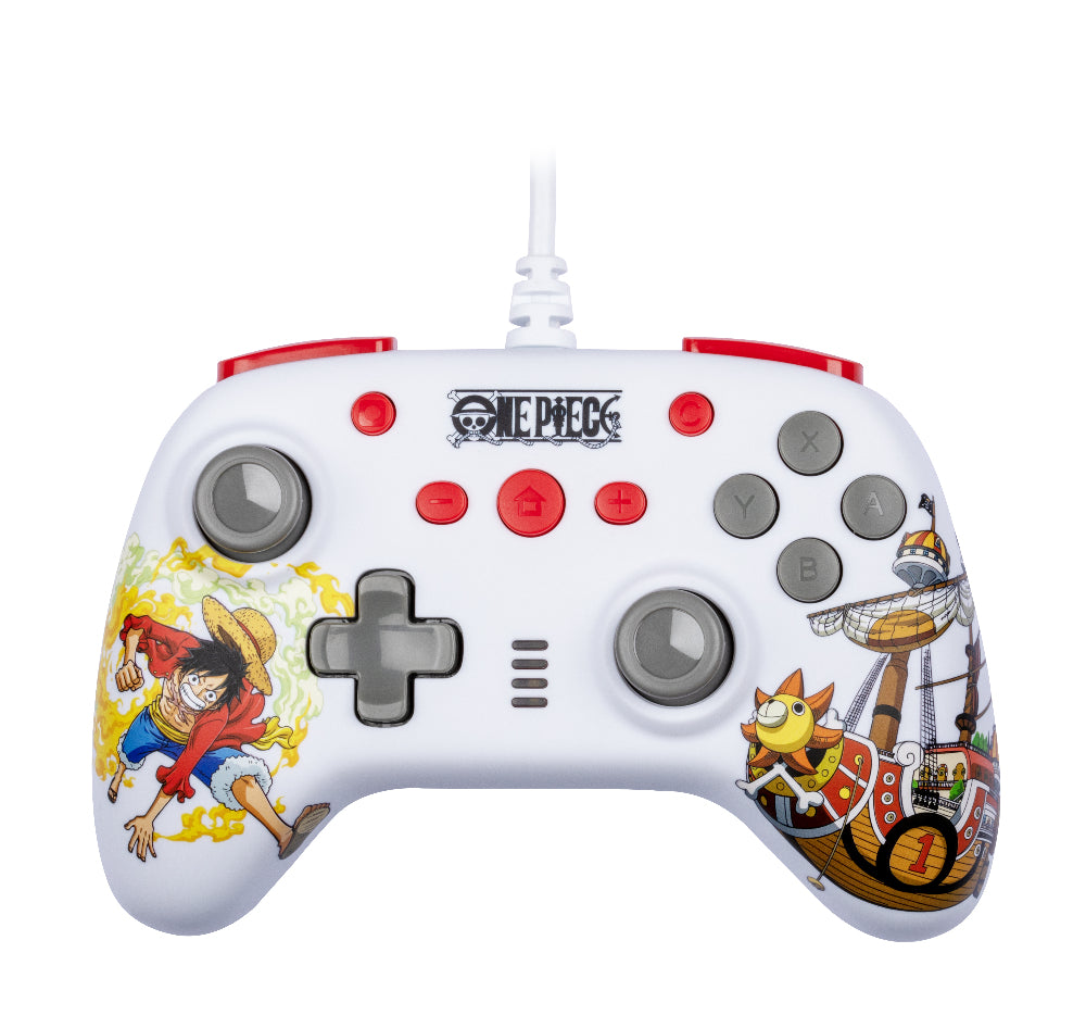 Manette de jeu - Nintendo Switch, Switch 2 et PC - One Piece - Filaire - Blanc - Fonction vibration - Câble 3 m - Luffy - Konix