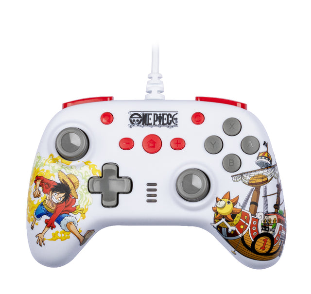 Manette de jeu - Nintendo Switch, Switch 2 et PC - One Piece - Filaire - Blanc - Fonction vibration - Câble 3 m - Luffy - Konix