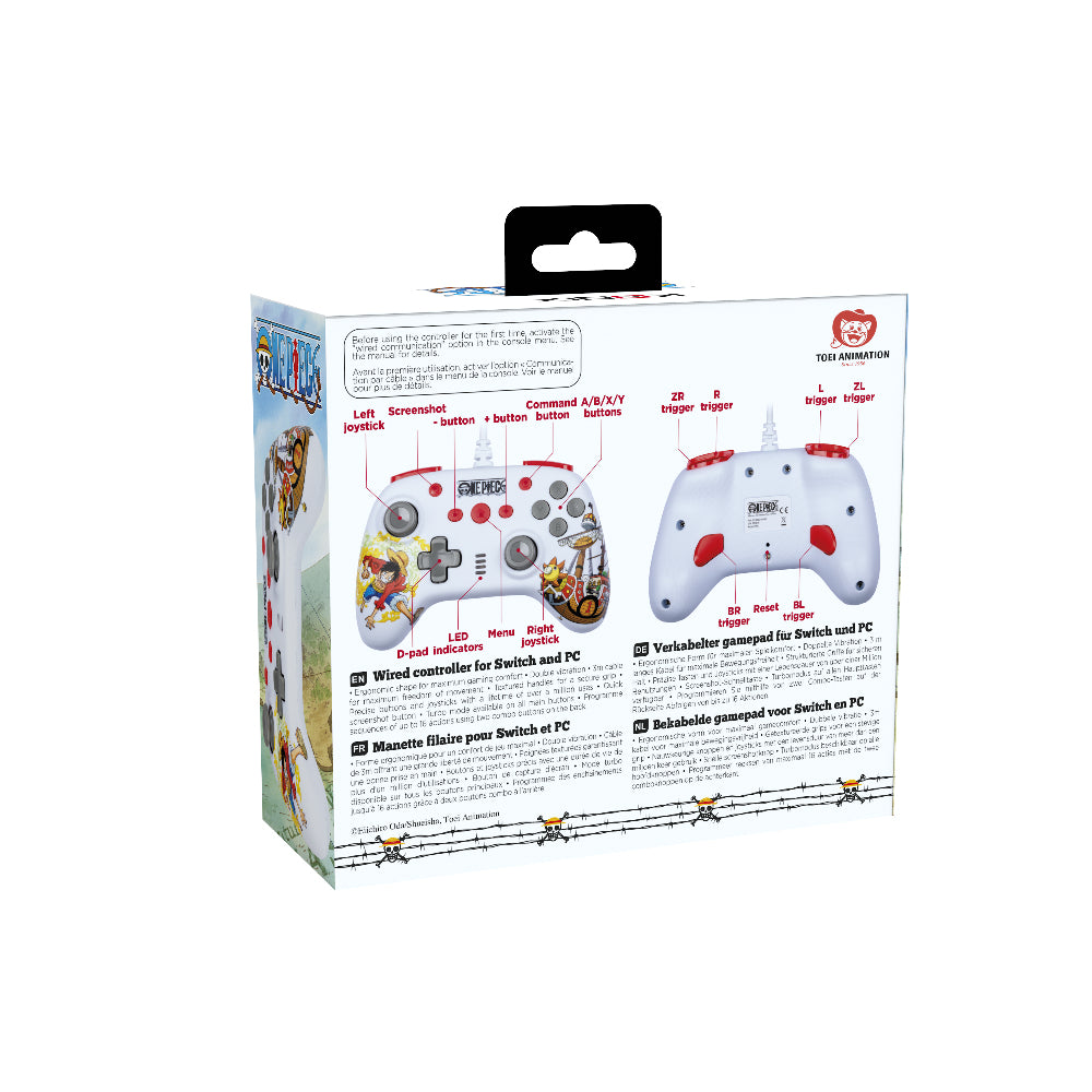 Manette de jeu - Nintendo Switch, Switch 2 et PC - One Piece - Filaire - Blanc - Fonction vibration - Câble 3 m - Luffy - Konix