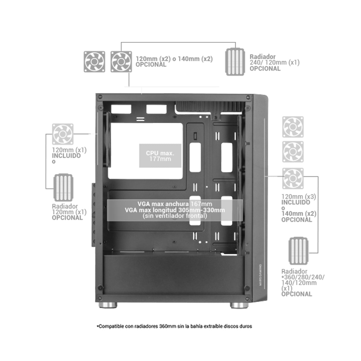 Boitier Moyen Tour ATX Mars Gaming MC-F RGB avec panneau vitré (Noir)
