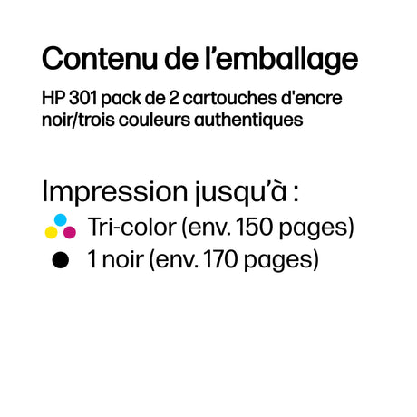HP 301 Pack de 2 cartouches d'encre noire et trois couleurs authentiques (N9J72AE) pour HP Envy 4505, DeskJet 1050/1512/2548/3057A