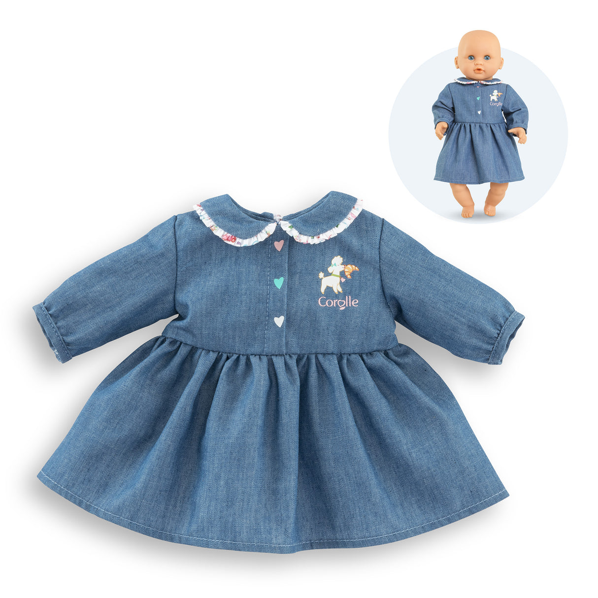 Robe Week-end a Paris - Corolle - 30 cm - Imitation denim - Col claudine - Broderies coeurs