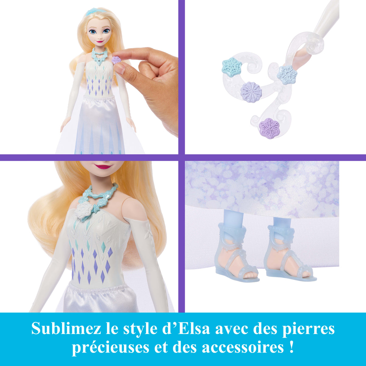 Poupée Jewel Reveal Elsa, La Reine des Neiges, accessoires avec 8 surprises, 1 boîte a bijoux en forme de flocon de neige, 1 bague p