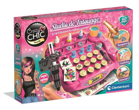 CLEMENTONI - Studio de tatouage temporaires pour enfant - Kit complet  - Pochoirs, peintures corps et transfert - Des 7 ans