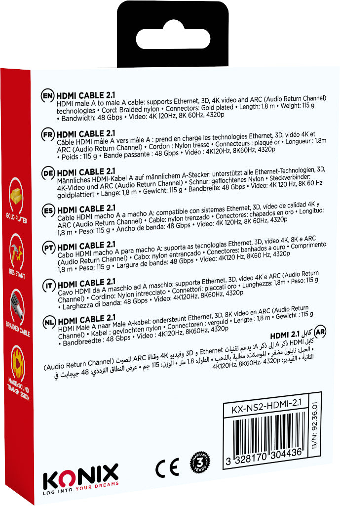 Câble HDMI 2.1 - KONIX - Nintendo Switch 2  - Compatibilité 4K et 8K - Nylon tressé - Longueur 1,8 m - Noir