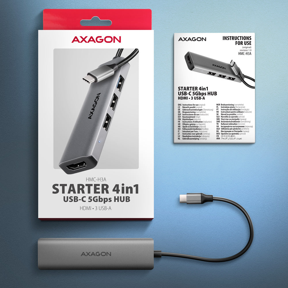 Adaptateur USB-C 3.2 Axagon HMC-H3A vers HDMI, 3x USB-A (Gris)
