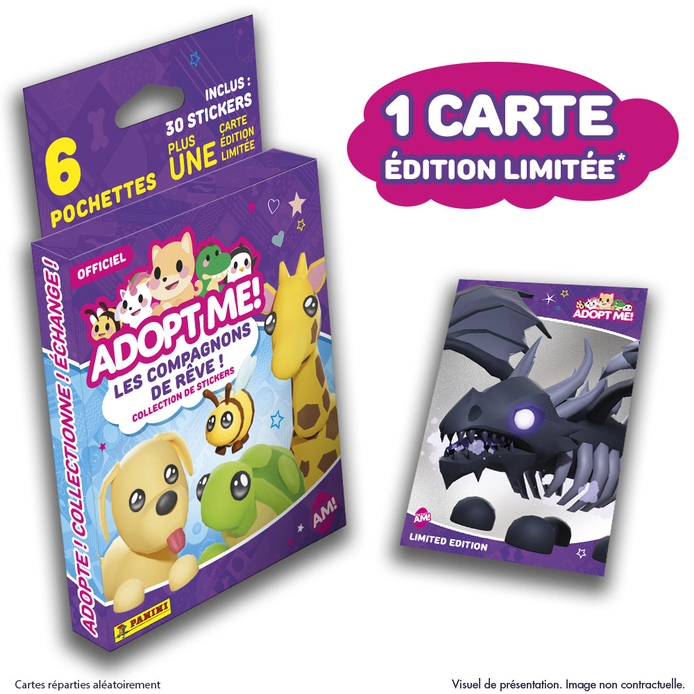 Stickers - PANINI - Adopt Me! Roblox - Blister 6 pochettes - 1 carte édition limitée - 35 stickers