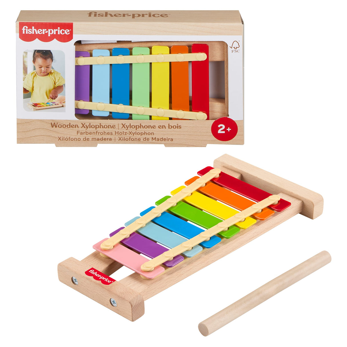 Fisher-Price-Xylophone en bois, instrument de musique avec 2 pieces HXV13