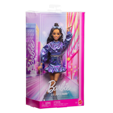 Barbie - Poupée Deluxe Style - Haut et jupe bleu métallisé - Brune - Barbie - JFP42