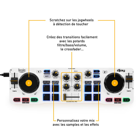 HERCULES DJ CONTROL MIX - Contrôleur DJ Bluetooth pour Smartphone (iOS et Android) - App djay - 2 voies