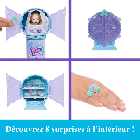 Poupée Jewel Reveal Elsa, La Reine des Neiges, accessoires avec 8 surprises, 1 boîte a bijoux en forme de flocon de neige, 1 bague p