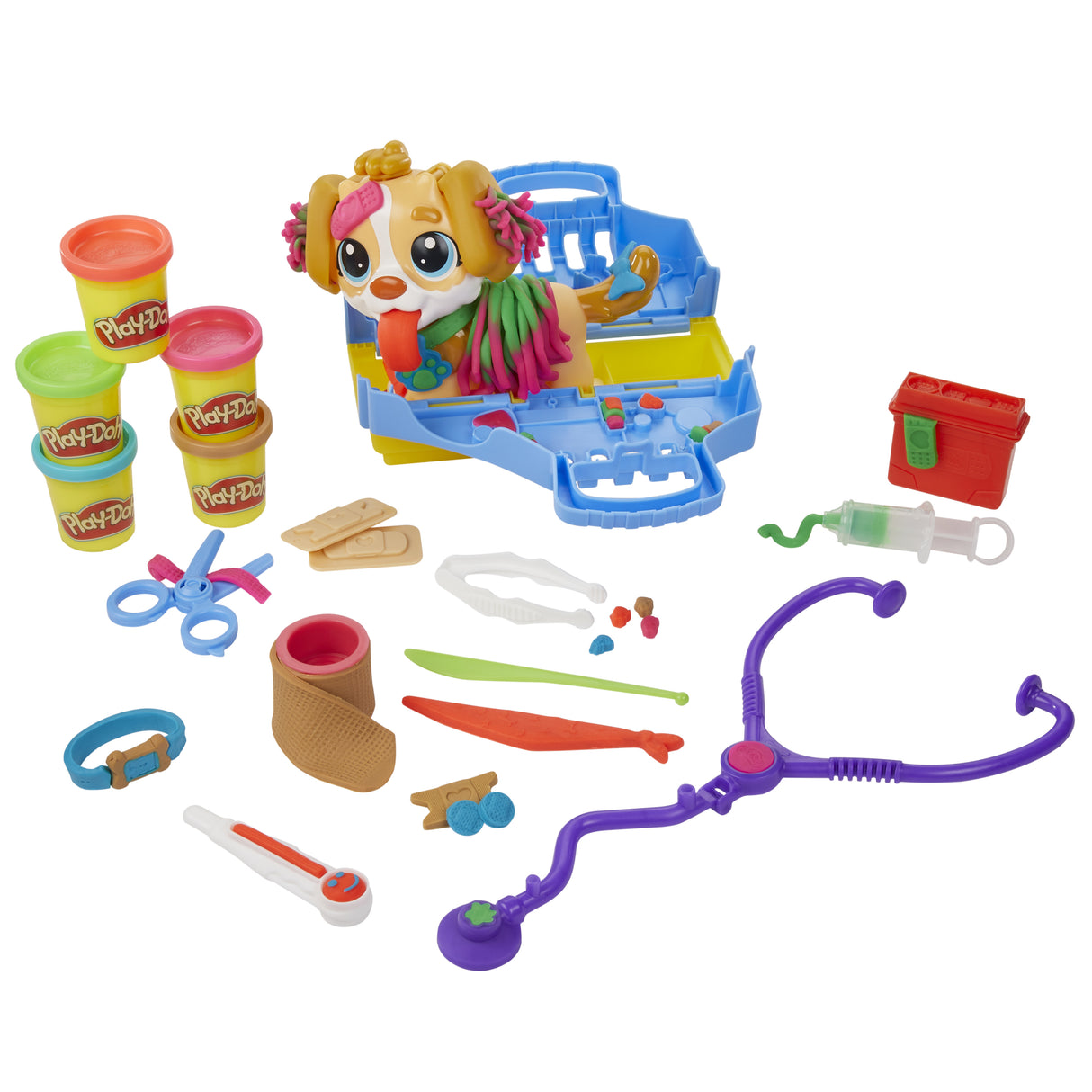 Play-Doh Le cabinet vétérinaire avec chien, avec 5 pots de pâte a modeler et 10 outils, jouet périscolaire, Les classiques