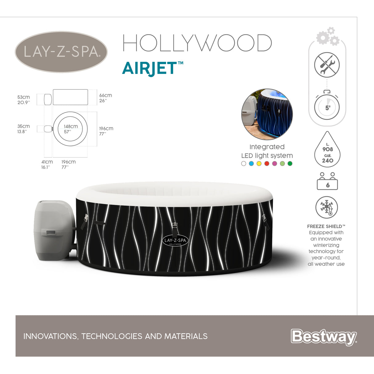 Spa gonflable BESTWAY - Lay-Z-Spa Hollywood - 196 x 66 cm - 4 a 6 places - Rond (Couverture, cartouche, diffuseur, LED...)