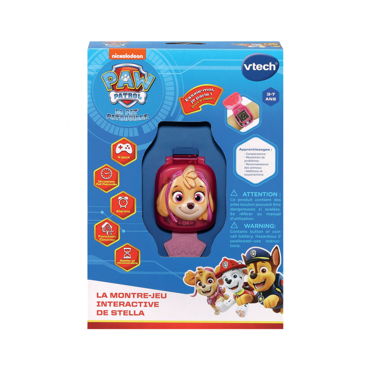 Montre-Jeu Interactive de Stella - VTECH - Pat'Patrouille - Ecran animé - 4 jeux - 12 cadrans - Rose