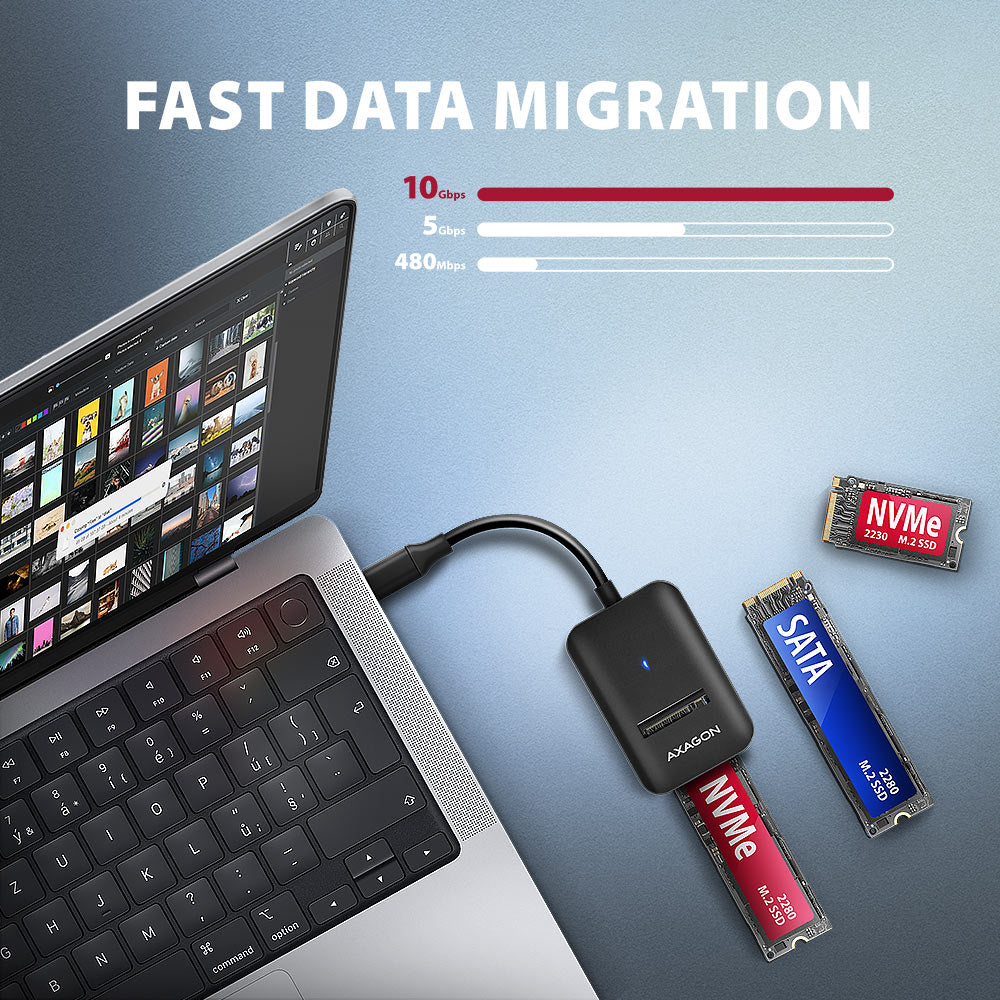 Adaptateur USB-C 3.2 Axagon ADM2-CM vers M.2 S-ATA/NVMe auto-alimenté