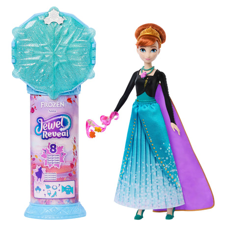 Poupée Jewel Reveal Anna, La Reine des Neiges, accessoires avec 8 surprises, 1 boîte a bijoux en forme de flocon de neige, 1 bague p