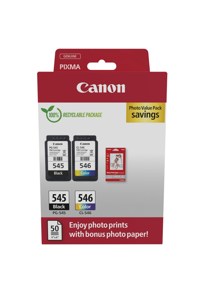 Pack de 2 cartouches d'encre + pack papiers photo - CANON - PG-545 Noir + CL-546 Couleur