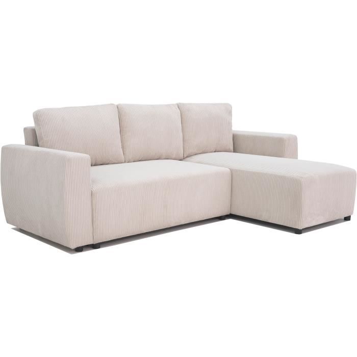 Canapé d'angle convertible réversible 3-4 places PHARELL - Velours côtelé beige - Coffre de rangement - L 230x P 155 x H 95 cm