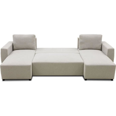 Canapé d'angle convertible panoramique PHARELL 5/6 places - Tissu beige - Coffre de rangement - L297 x P155 x H85 cm
