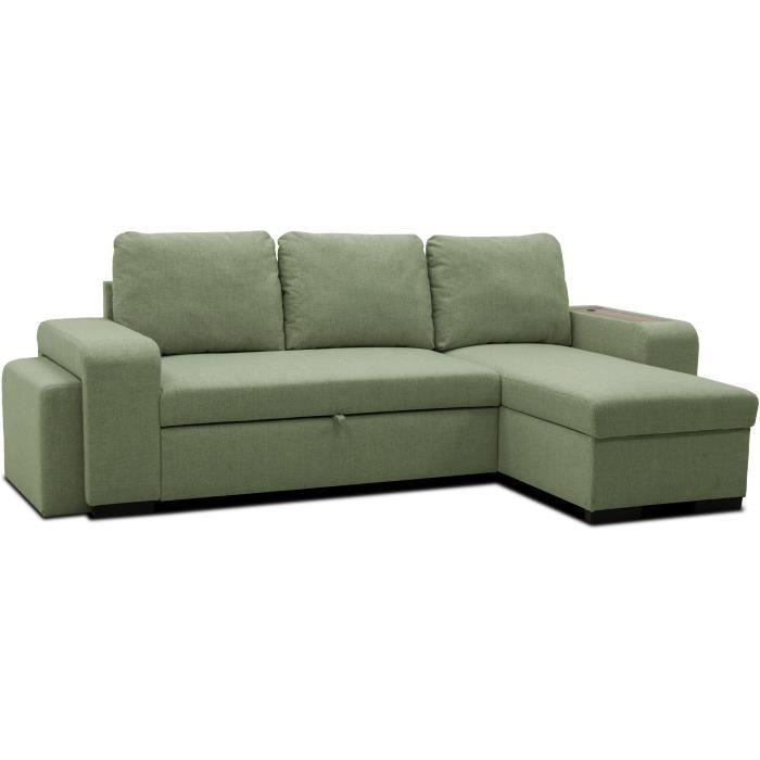 Canapé d'angle convertible réversible VALDO 3 a 4 places - Tissu Neve Sauge - Tablette avec USB - Coffre + Pouf - L247xP143xH86 cm