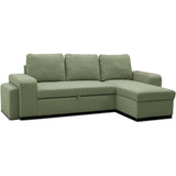 Canapé d'angle convertible réversible VALDO 3 a 4 places - Tissu Neve Sauge - Tablette avec USB - Coffre + Pouf - L247xP143xH86 cm
