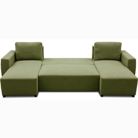 Canapé d'angle convertible panoramique PHARELL 5/6 places - Tissu olive - Coffre de rangement - L297 x P155 x H85 cm