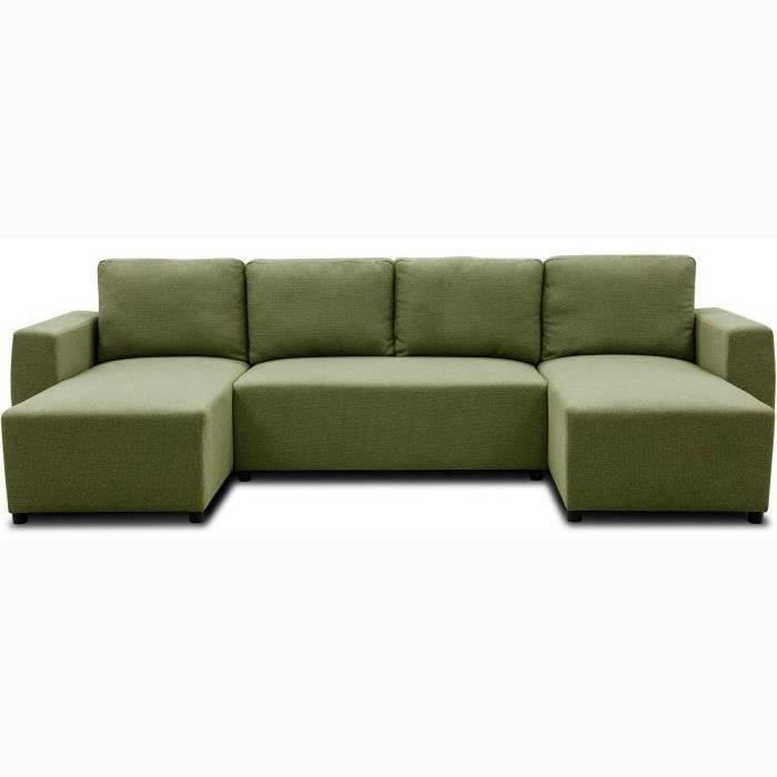 Canapé d'angle convertible panoramique PHARELL 5/6 places - Tissu olive - Coffre de rangement - L297 x P155 x H85 cm
