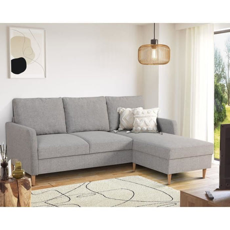 Canapé d'angle fixe 3 places CHIPY - Tissu gris souris - Réversible - L 192 x P 137 x H 82 cm - Pieds bois naturel