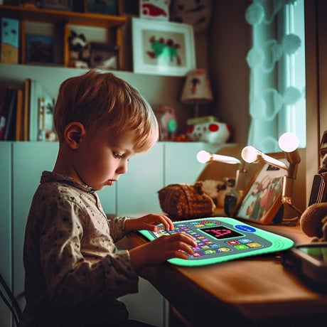 Tablette éducative bilingue parlante ABC avec touches tactiles et écran LED pour illustrer les interactions avec le jeu en anglais