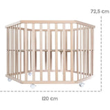 Parc bébé hegaxonal - ROBA - LIEBHABEAR - Réglable en hauteur - Fond Déhoussable - 6 Roues freinées - Bois Naturel - Motif Ourson