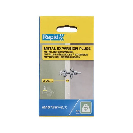 Chevilles a Expansion - RAPID - Métal pour Cloison Plâtre 3-20mm - Lot 50 - Charge Max 25 kg - (5001562)
