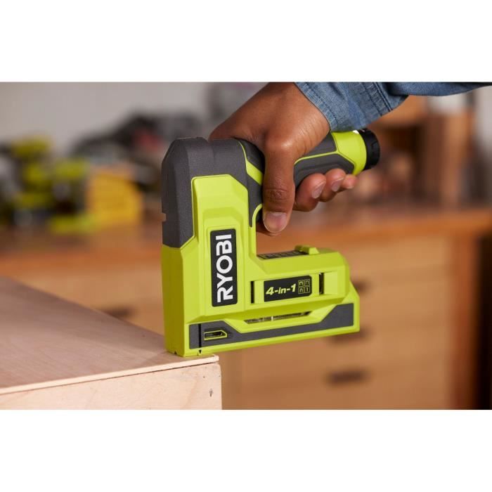 Agrafeuse cloueuse - RYOBI - 4V - Agrafes de 6 a 14 mm - Pointes 18G jusqu'a 15 mm - Livrée avec 1100 agrafes T50 et 250 pointes 18G