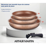 Set de 3 poeles - Tous feux dont induction - ARTHUR MARTIN - AM9811 - Ř 20, 24 et 28 cm + 1 poignée amovible - Terracotta