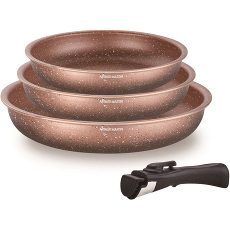 Set de 3 poeles - Tous feux dont induction - ARTHUR MARTIN - AM9811 - Ř 20, 24 et 28 cm + 1 poignée amovible - Terracotta