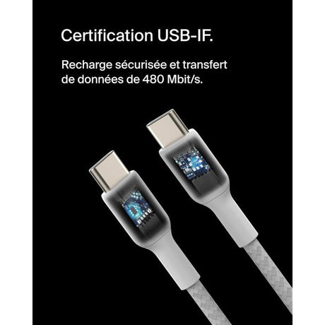 Câble tressé - BELKIN - USB-C vers USB-C - 2 m - Blanc