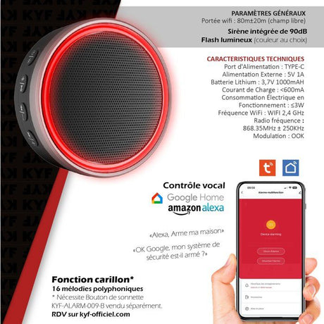 Kit Alarme -KYF -  868Mhz - Wifi sirene intégré 90dB - 2 Flashs lumineux - 2 Télécommandes