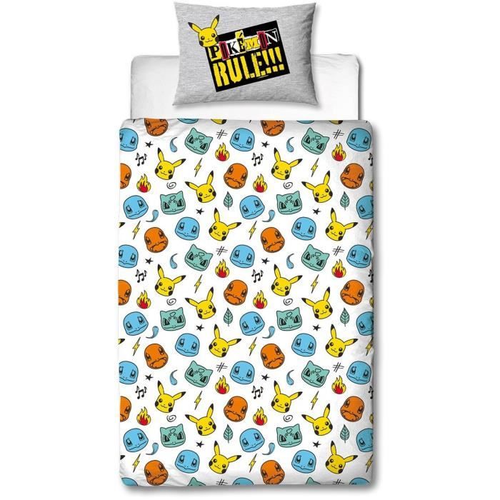 Parure de lit réversible - POKEMON - Pikachu et Starter - Gris - Microfibre - 1 housse de couette 140 x 200 cm + 1 taie 63 x 63 cm