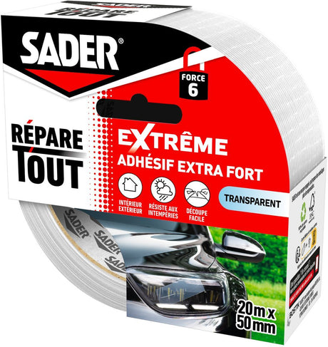 Adhésif extra fort - SADER - Repare tout extreme - Transparent - Intérieur & Exterieur - Toutes Surfaces - 20 m x 50 mm